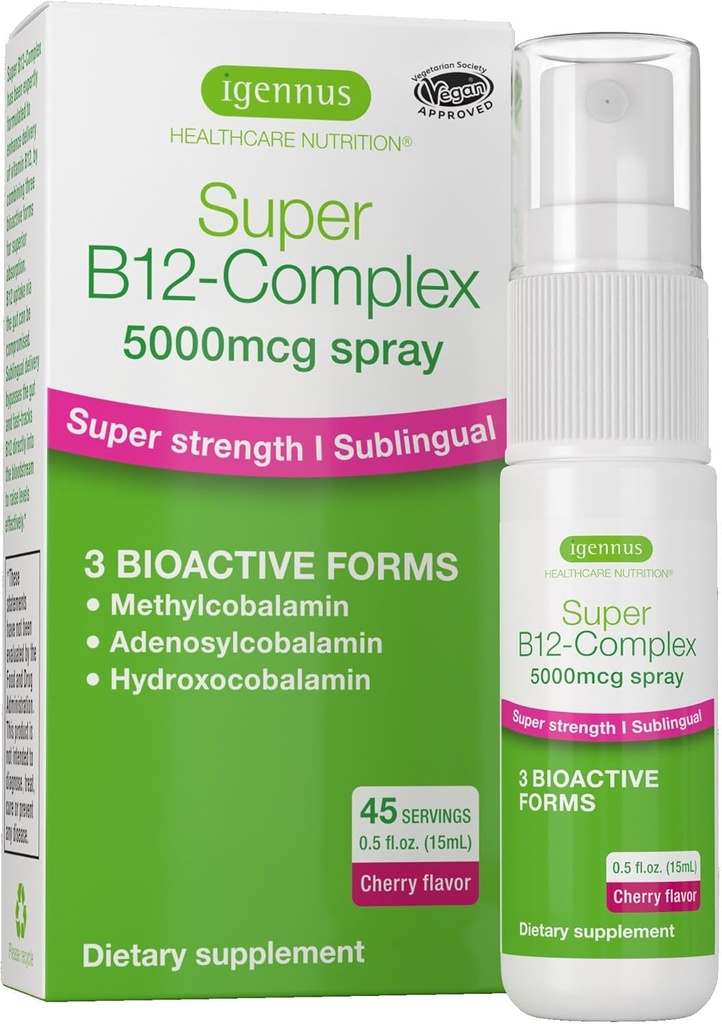Igennus Triple Vitamin B12 Complex 5000mcg, Liquid Sublingual Spray, 45 Servings, Methylated Methylcobalamin, Adenosylcobalamin & Hydroxocobalamin, High Strength & Clean, Natural Cherry Flavor, Vegan 2