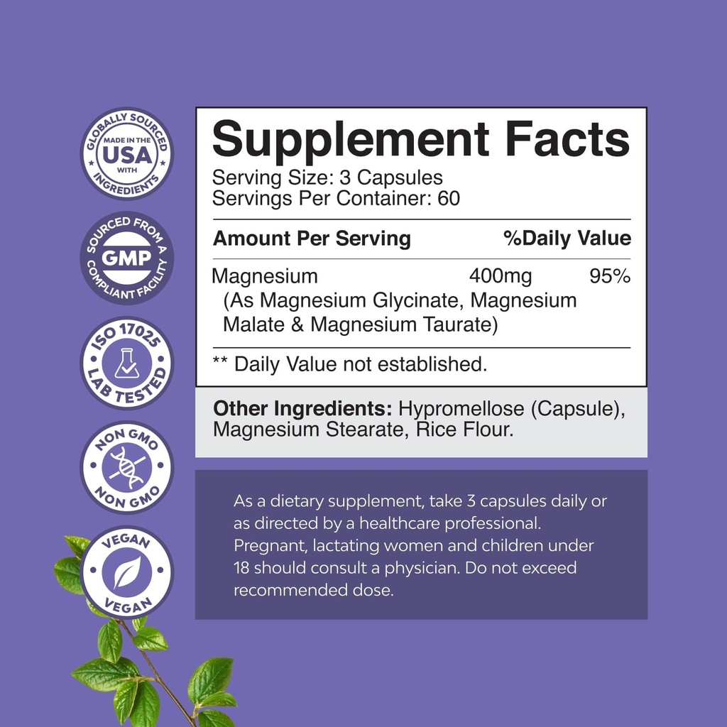 Triple Magnesium Complex Supplement - High Absorption Magnesium Glycinate, Malate & Taurate Blend for Muscles Energy Support & Heart Health - Triple Mg Complex 400 mg Capsules - 180 Count 4