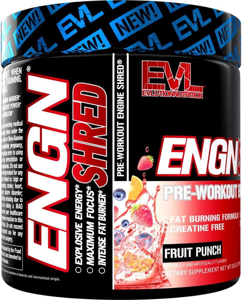 EVL Ultimate Pre Workout Powder - Thermogenic Fat Burn Support Preworkout Powder Drink for Lasting Energy Focus and Stamina - ENGN Shred Intense Creatine Free Preworkout Drink Mix - Fruit Punch 6
