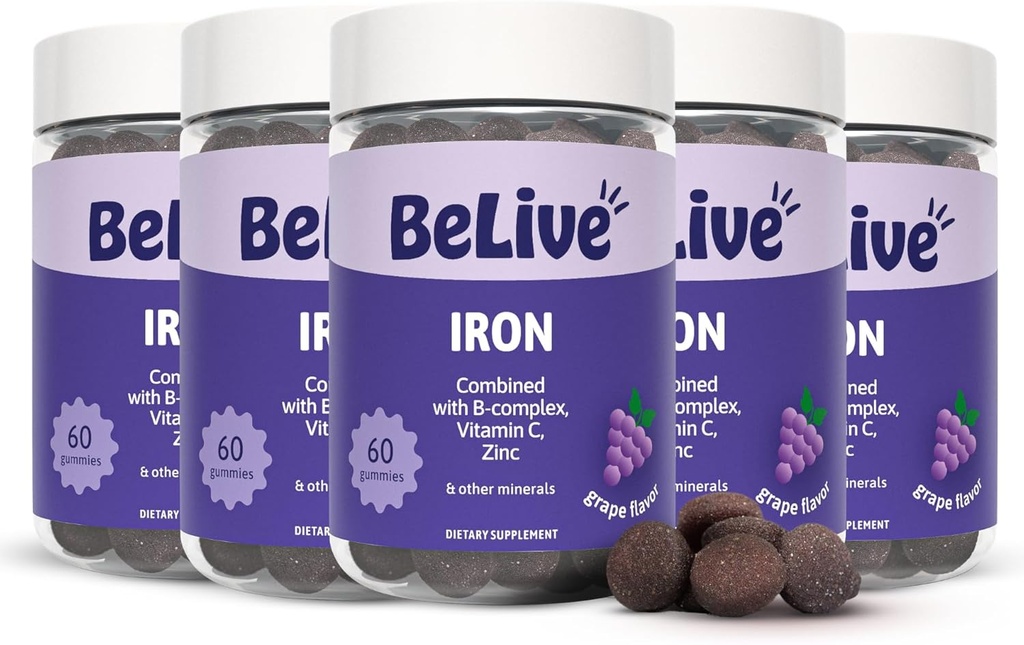 BeLive Iron Gummies - Multivitamin Iron Supplement with Vitamin C, A, B & Zinc, Supports Blood Oxygen, Vegan Supplements for Women, Men & Kids for Growth and Development - Grape Flavor | 5-Pack 2