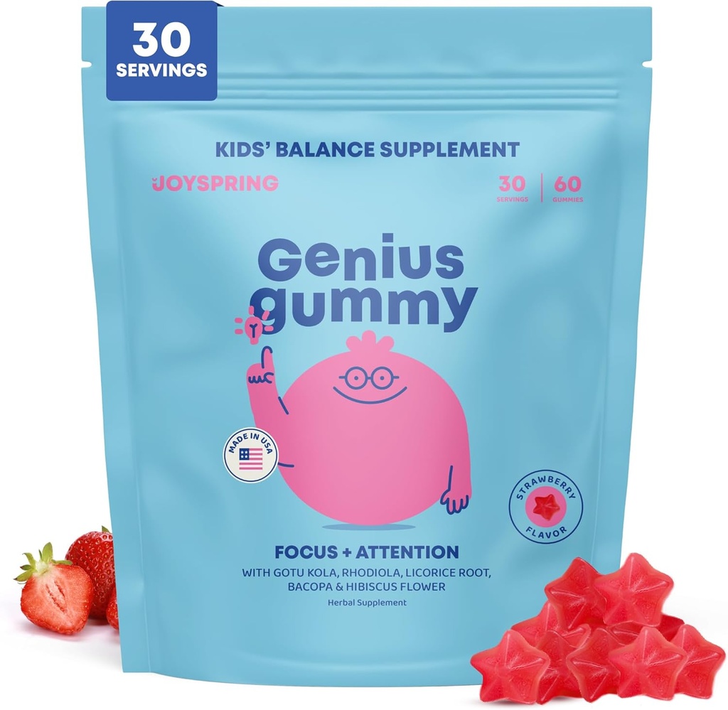 JoySpring Genius Kids Focus Gummies – Natural Herbal Brain Supplement for Kids | Vegan, Gluten-Free, Sugar-Free with Bacopa, Gotu Kola, Rhodiola – 60 Count 2
