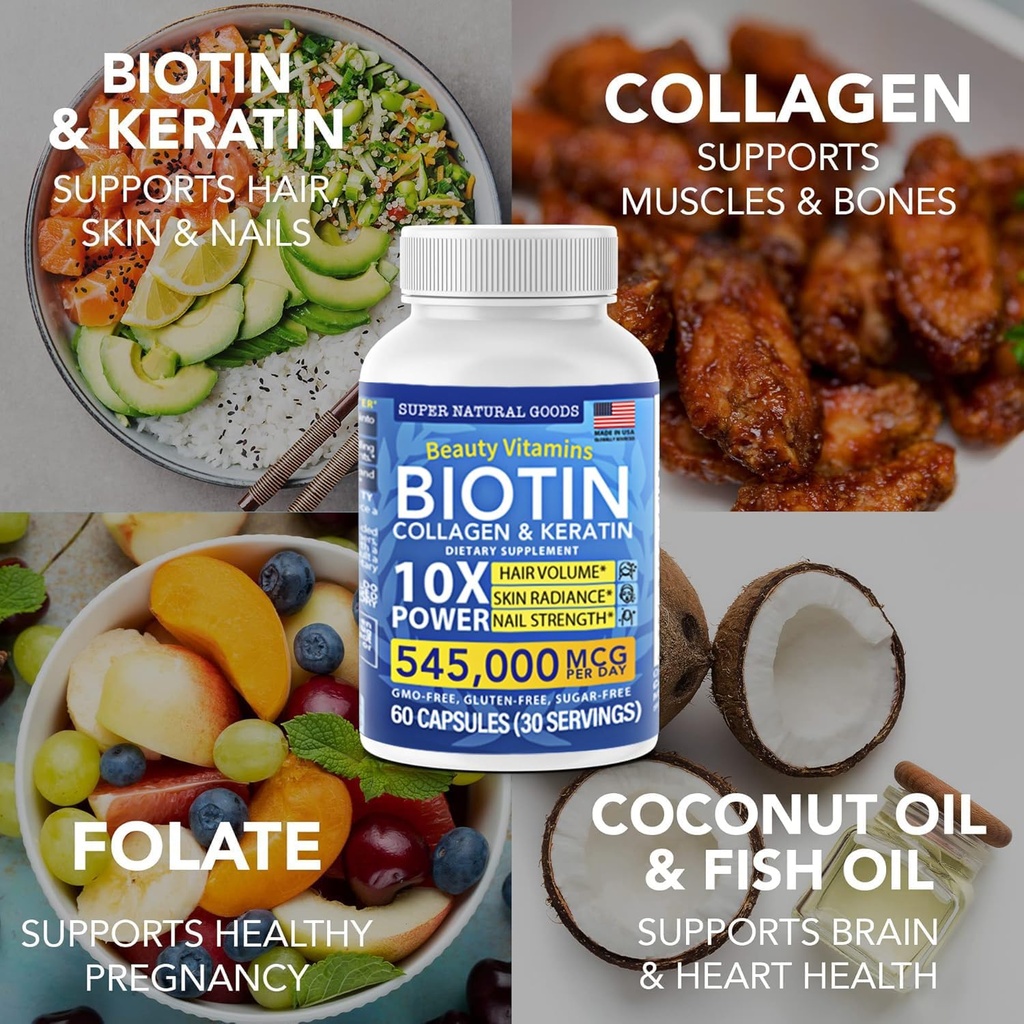 Biotin and Collagen Vitamins + Keratin with Folate - Hair Loss Treatments for Women & Men - Follicle, Skin and Nail Supplements for Hair Growth & Postpartum Support - GMO Free & Gluten Free (120 Caps) 5