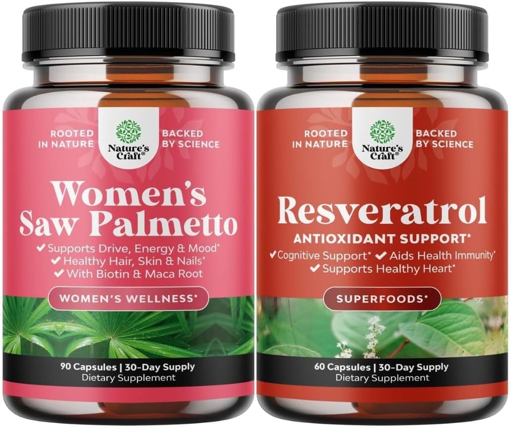 Bundle of Women's Saw Palmetto and Resveratrol Supplement - Saw Palmetto Extract Capsules with Maca Root & Biotin for Hair Loss and AMPK Metabolic Activator for Metabolism Boost & Cellular Efficiency 2