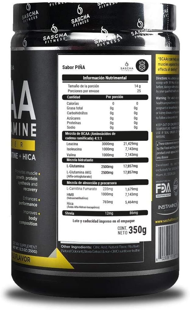 SASCHA FITNESS BCAA 4:1:1 + Glutamine,HMB,L-Carnitine, HICA | Powerful and Instant Powder Blend with Branched Chain Amino Acids (BCAAs) for Pre, Intra and Post-Workout|Natural Pineapple Flavor,362.5g 3