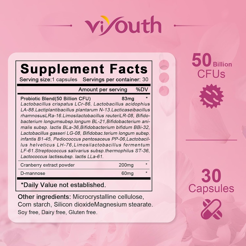 Probiotics for Women, 50 Billion CFU, 15 Unique Strains for Women Cranberry Extract & D-mannose, Promote Intestinal Health PH Balance Vaginal Probiotics for Digestive Health - 30 Capsule 3