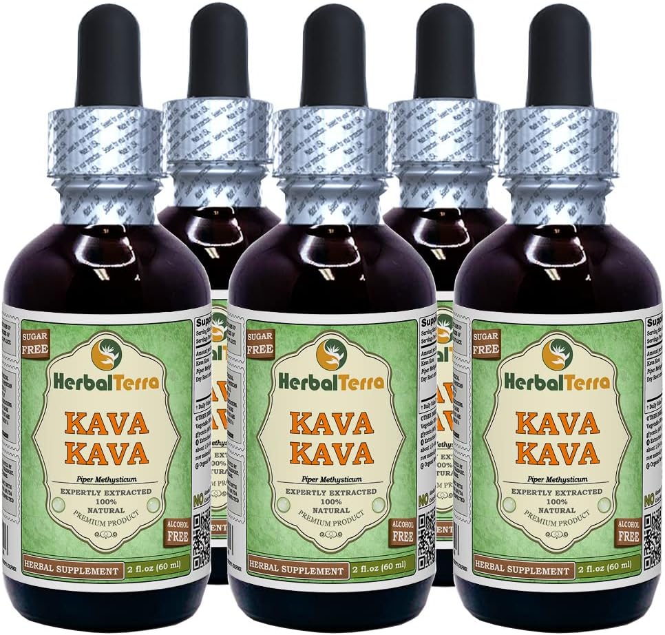 Kava Kava (Piper Methysticum) Glycerite, Dried Root Alcohol-Free Liquid Extract (Brand Name: HerbalTerra, Proudly Made in USA) 20x4 fl.oz (20x120 ml) 5