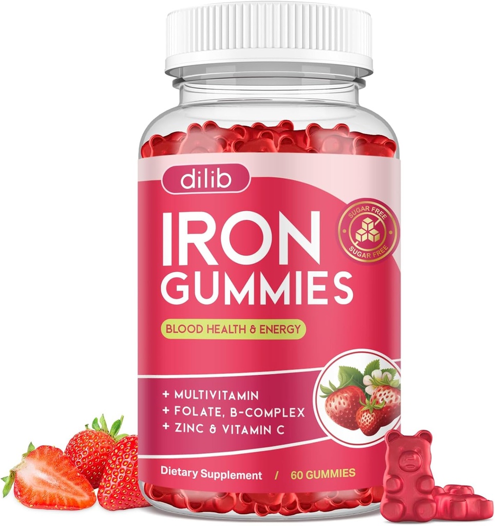 Iron Gummies with Multivitamin, Iron Supplement for Women & Men with Zinc, Vitamin B Complex & C, B12, Folate - Blood Builder & Energy Support for Adults & Kids - Strawberry Flavor, Vegan 60 Gummies 2
