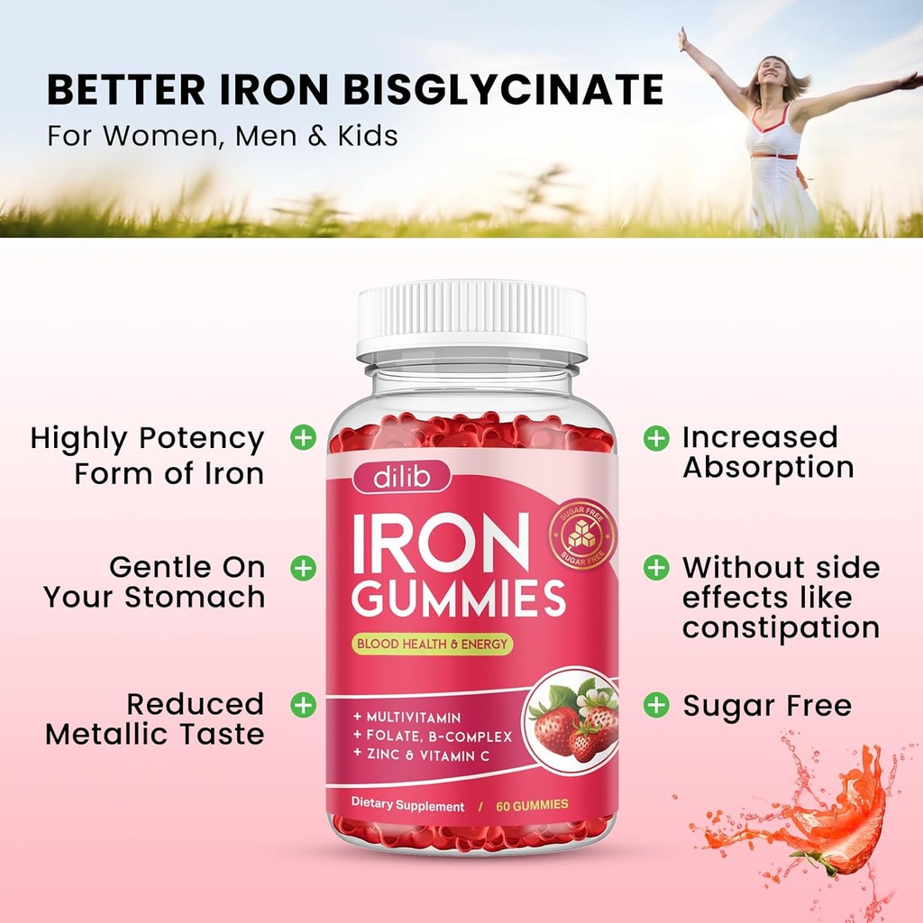 Iron Gummies with Multivitamin, Iron Supplement for Women & Men with Zinc, Vitamin B Complex & C, B12, Folate - Blood Builder & Energy Support for Adults & Kids - Strawberry Flavor, Vegan 60 Gummies 3
