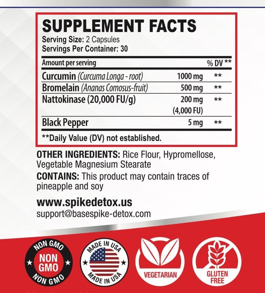 Spike Protein Detox - Spike Support Supplement for Protein Balance - Unflavored 3-in-1 Blend with Nattokinase 4000Fu, Bromelain 500mg, Curcumin 1000mg - Made in The USA - 60 Capsules, 30 Day Supply 3