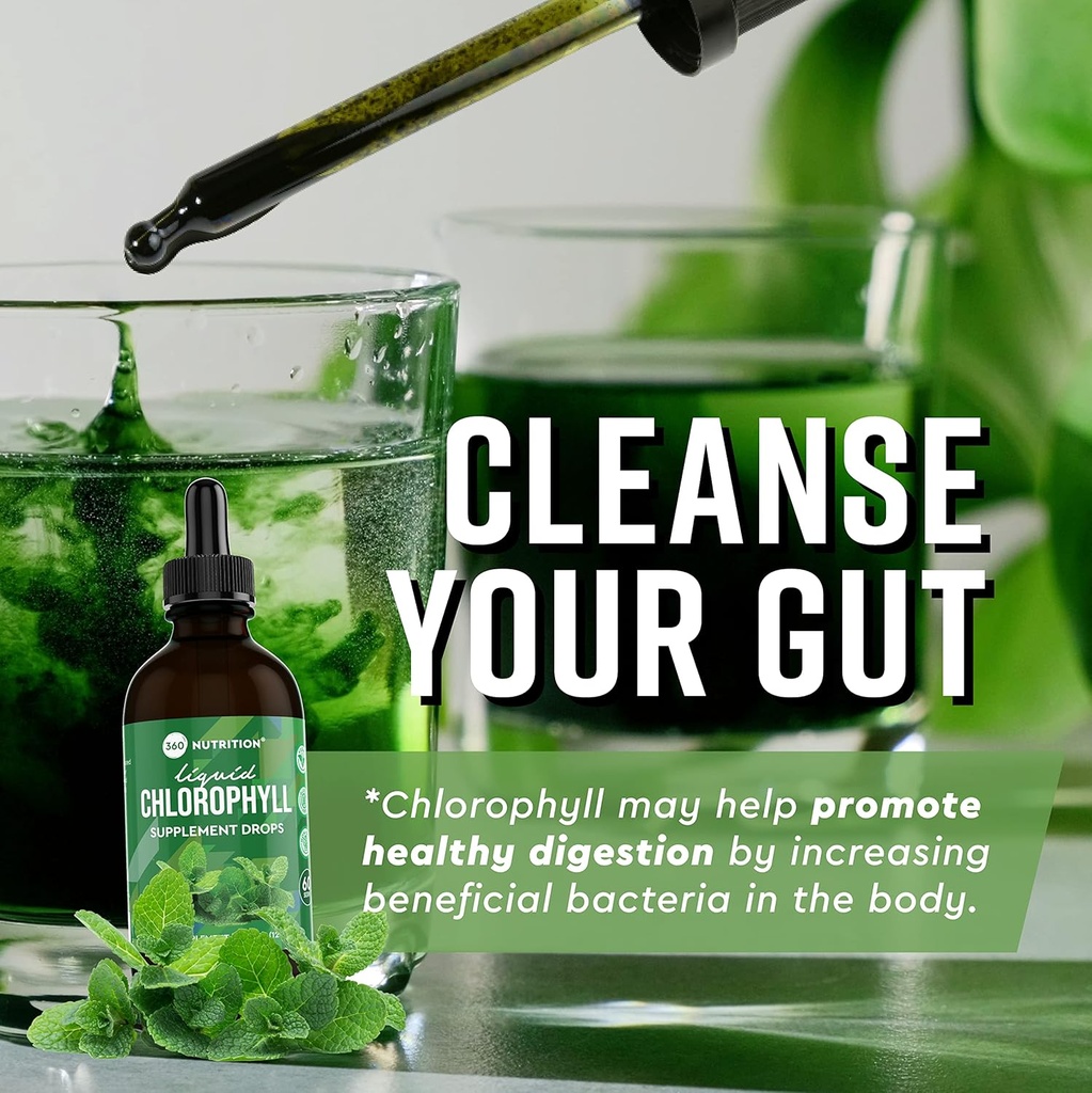360 Nutrition Chlorophyll Liquid Drops with Peppermint Oil, GF & Vegan Body Internal Deodorant Supplement, Supports Gut Health, Digestion, Energy, Radiant Skin, Fast Absorption (4 Fl Oz (1 Count)) 4