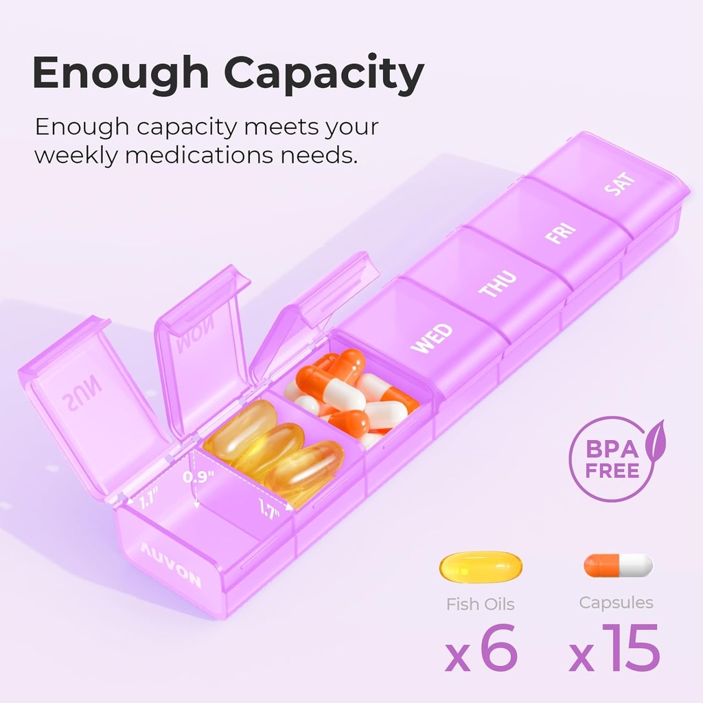 AUVON Weekly Pill Organizer with Effortless Opening Design, Arthritis Friendly Pill Box, BPA-Free Pill Organizer 7 Day, Cute & Portable Pill Case for Vitamins, Supplements and Medications 5