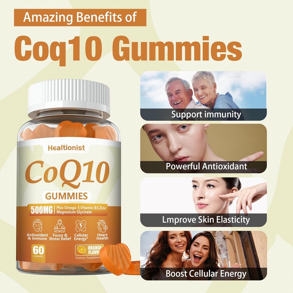 2 Pack 500MG Coq10 Gummies - 3X Better Absorption, Plus Omega-3, Magnesium, Vitamin B3 & Zinc - Coenzyme Q10 Supplements for Heart Health, Cellular Energy & Antioxidant, Vegan, 120 Counts 6