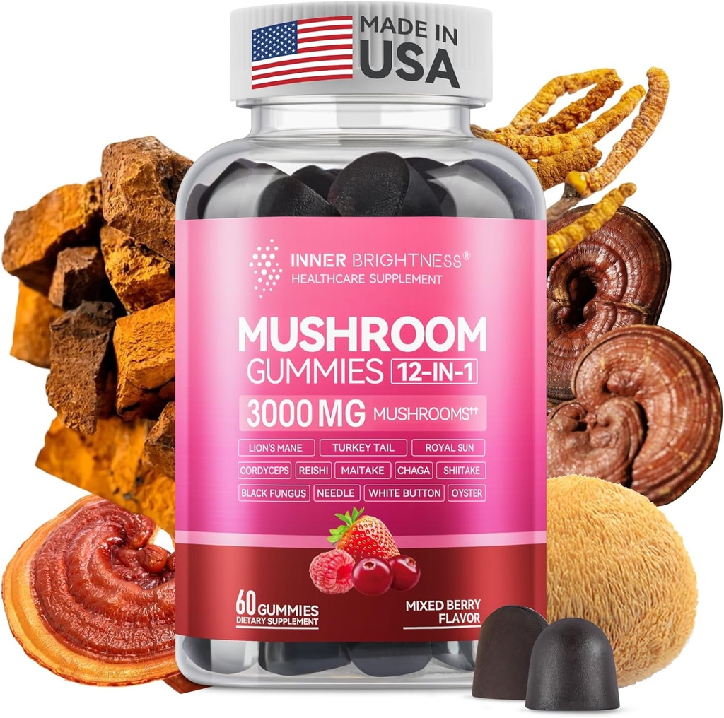 Mushroom Gummies for Adults 12-in-1, 3000mg Mushroom Supplement with Lion’s Mane, Reishi, Cordyceps, Mushroom Gummies for Focus and Energy - Mixed Berry Flavor, 60ct 2