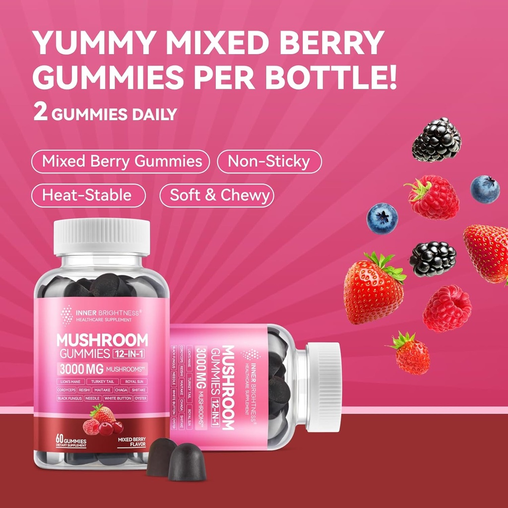 Mushroom Gummies for Adults 12-in-1, 3000mg Mushroom Supplement with Lion’s Mane, Reishi, Cordyceps, Mushroom Gummies for Focus and Energy - Mixed Berry Flavor, 60ct 4