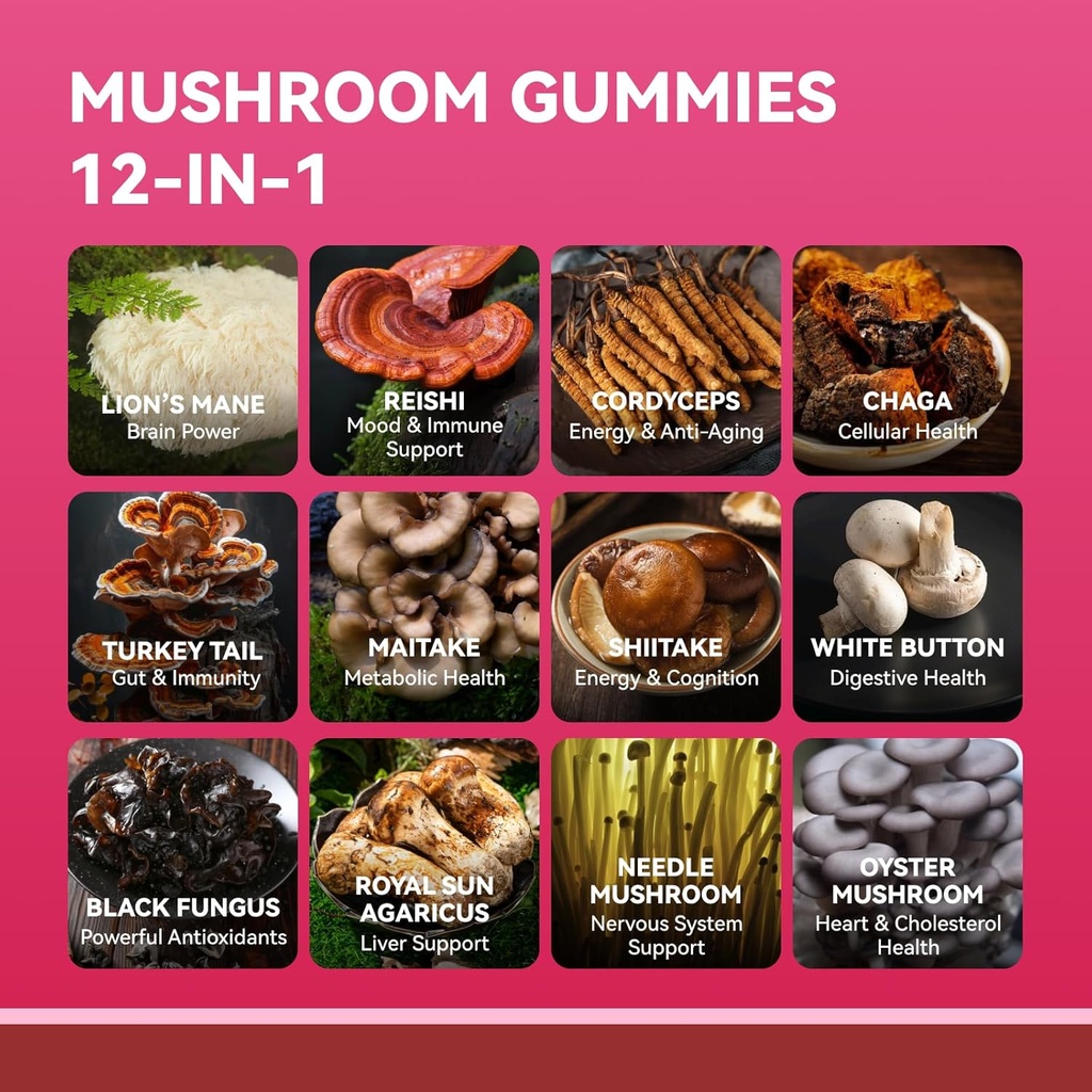 Mushroom Gummies for Adults 12-in-1, 3000mg Mushroom Supplement with Lion’s Mane, Reishi, Cordyceps, Mushroom Gummies for Focus and Energy - Mixed Berry Flavor, 60ct 5