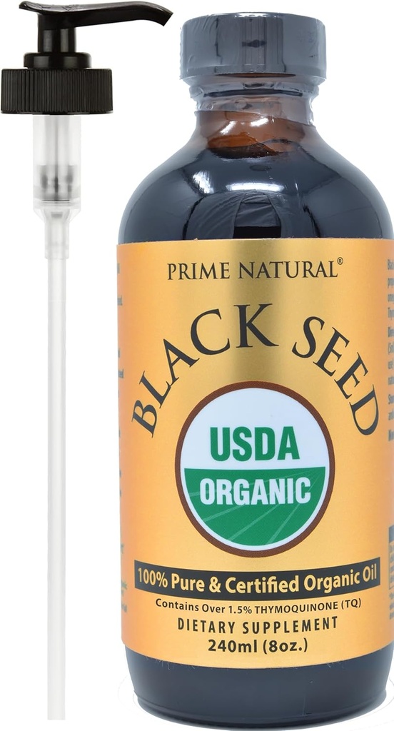 PRIME NATURAL Organic Black Seed Oil 8oz | Cold Pressed Unrefined High Thymoquinone 1.7% USDA Certified | Turkish Origin Potent Pure Nigella Sativa Liquid | Vegan Omega 3 6 9, Antioxidant 2