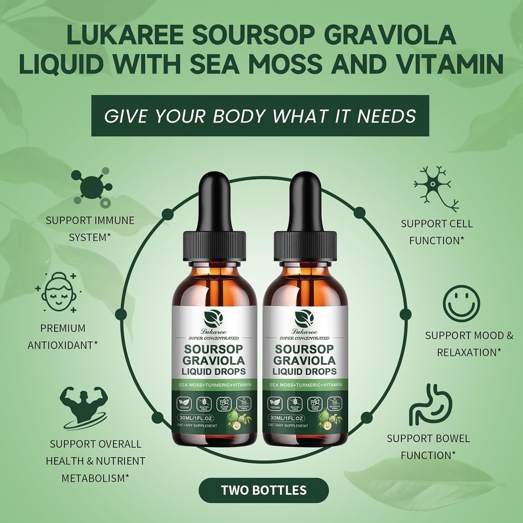 (2 Pack) Soursop Graviola Leaf Extract Liquid Drop Plus Pure Botanical Sea Moss for Cell Support & Regeneration, Immunity, Liver, Gut & Antioxidant - Soursop Bitters Liquid, Natural Flavor, 1 Fl Oz 4