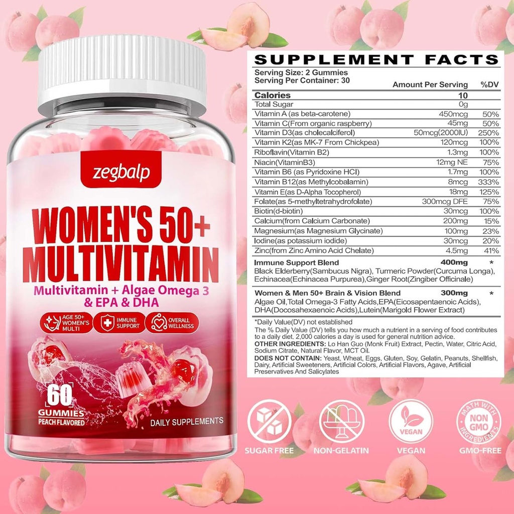 Sugar-Free Womens Multivitamin 50 Plus Gummies with Calcium, Magnesium, Zinc, Vitamin A, C, D3, E, K2, B Complex, Folate, Biotin - Multi Vitamins & Minerals for Skin, Energy, Immune Support 3