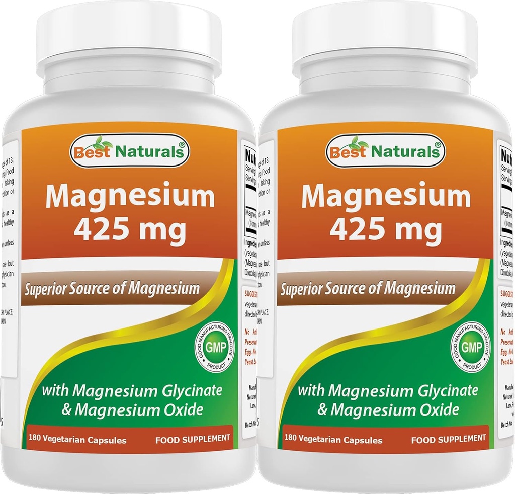 Best Naturals Magnesium 425 mg 180 Veggie Capsules - High Absorption Magnesium Glycinate & Magnesium Oxide Chelated, Non-GMO, Gluten Free Muscle Relax (180 Count (Pack of 1)) 5