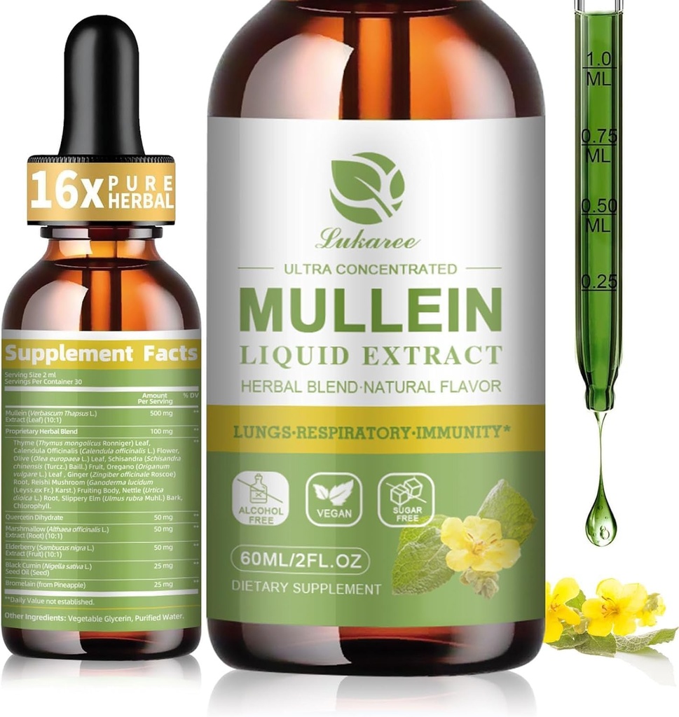Mullein Drops for Lungs, Lung Detox & Cleanse, Vegan Mullein Leaf Extract Tincture with Chlorophyll Elderberry, etc, Natural Herbal Supplement for Respiratory, Immune, 30 Servings 2
