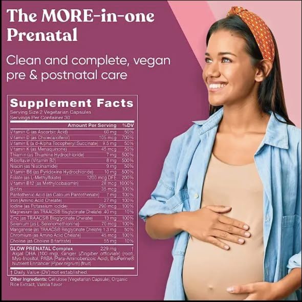 Prenatal Glow Vital Nutrients & DHA - Premium Prenatal Care for Mom & Baby- Prenatal for Women to Support Fetal Development, A More Pleasant Pregnancy 1 Month Supplies 60 Capsules 4