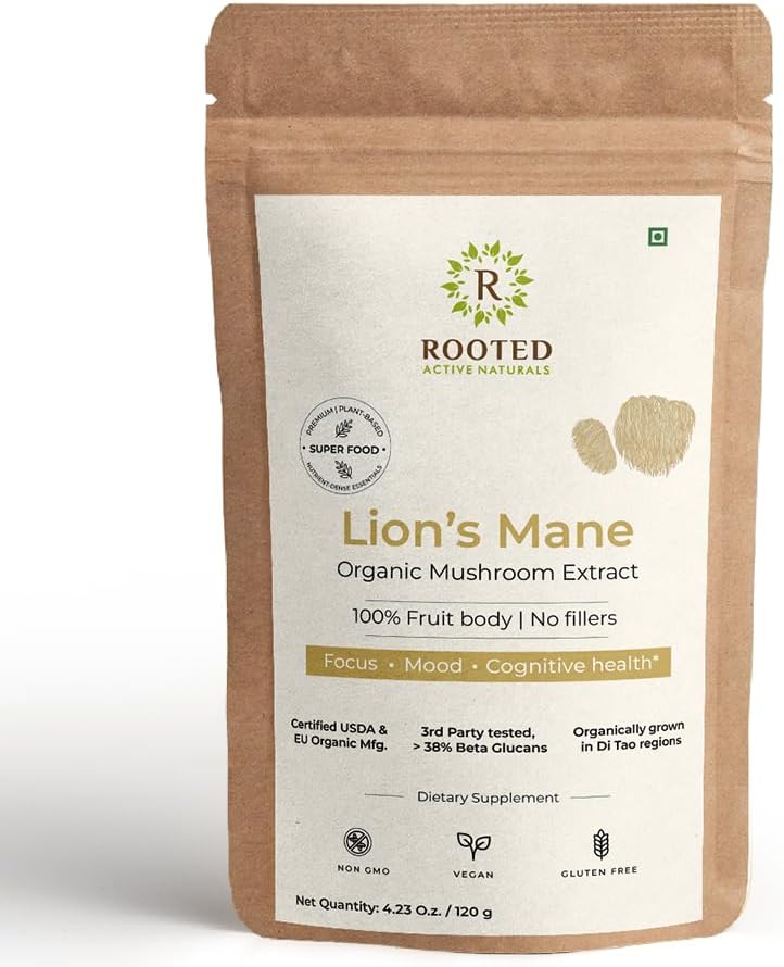 ROOTED Active's Lions Mane Mushroom Extract Powder USDA Organic, 38% Verified Beta Glucans| Cognition, Clarity, Focus & Mood, Brain Health Support (4.23 Ounce) 2