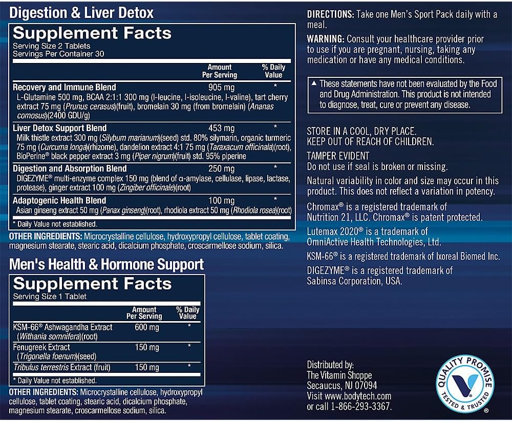 BODYTECH MenaTMs Sport Pack a Daily Multivitamin, Mineral, & Supplement Packs a Individually Wrapped (30-Day Supply) 6