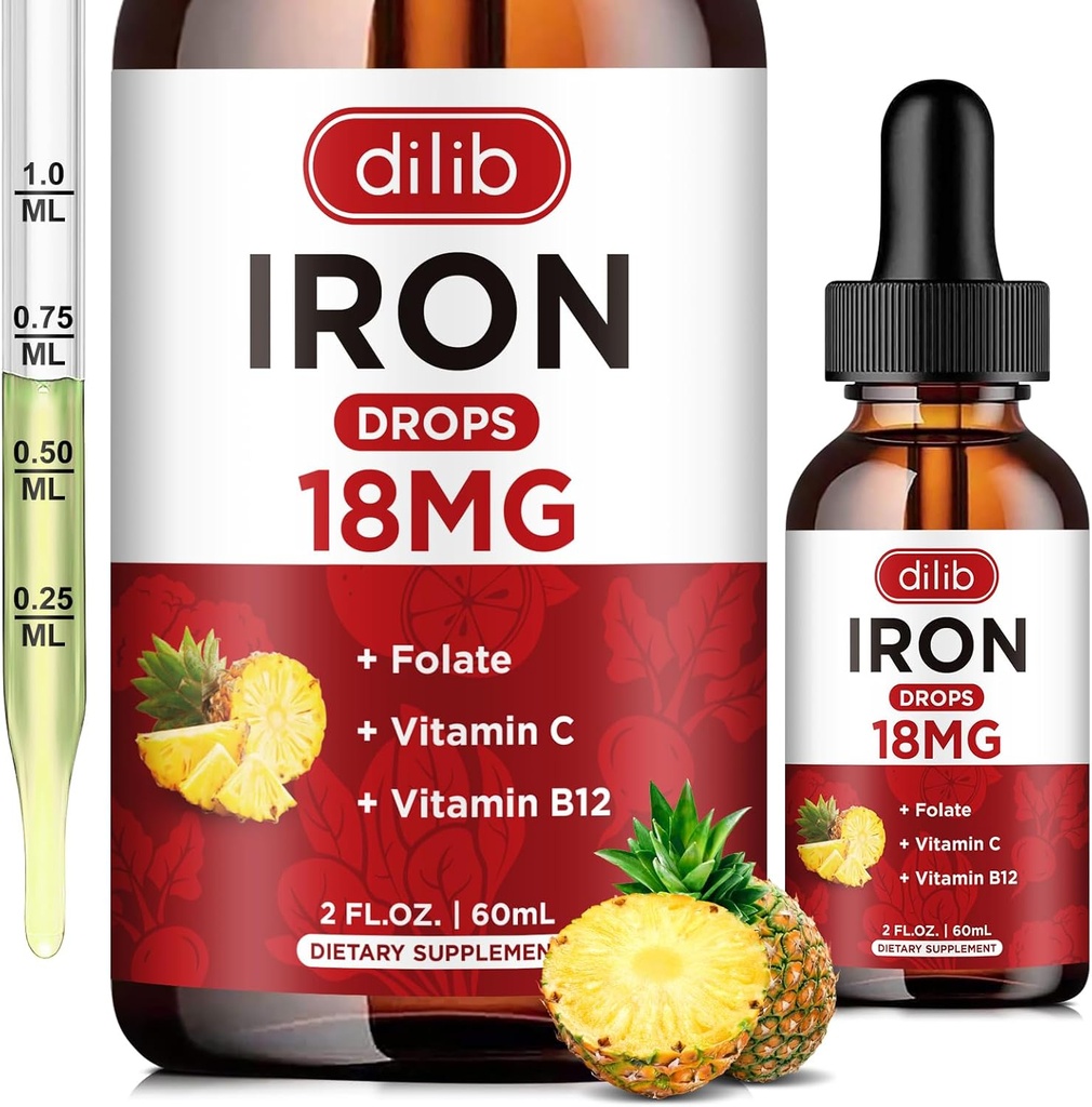 Liquid Iron Supplement for Women & Men Iron Drops Iron Supplements for Anemia with Folate, Vitamin C, B12 for Red Blood Cell Support-Pineapple Flavor, 2 Fl Oz