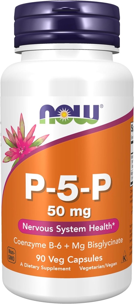 NOW Foods Supplements, P-5-P 50 mg with Coenzyme B-6 + Mg Bisglycinate, 90 Veg Capsules