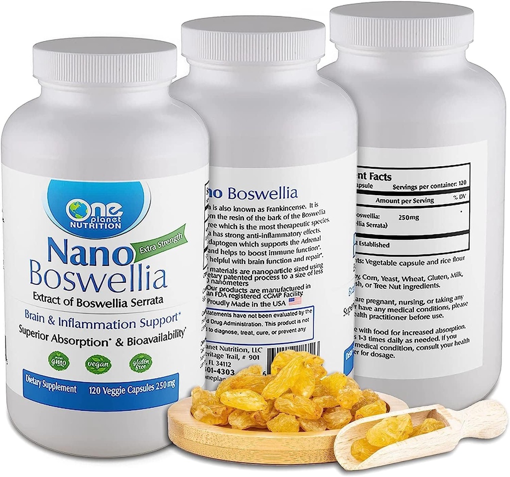 One Planet Nutrition Nano Boswellia 250 mg Veggie Capsules (120 Servings), Boswellia serrata Resin, Supports Cognitive Function for Brain Health, Non-GMO, Vegan, Gluten-Free