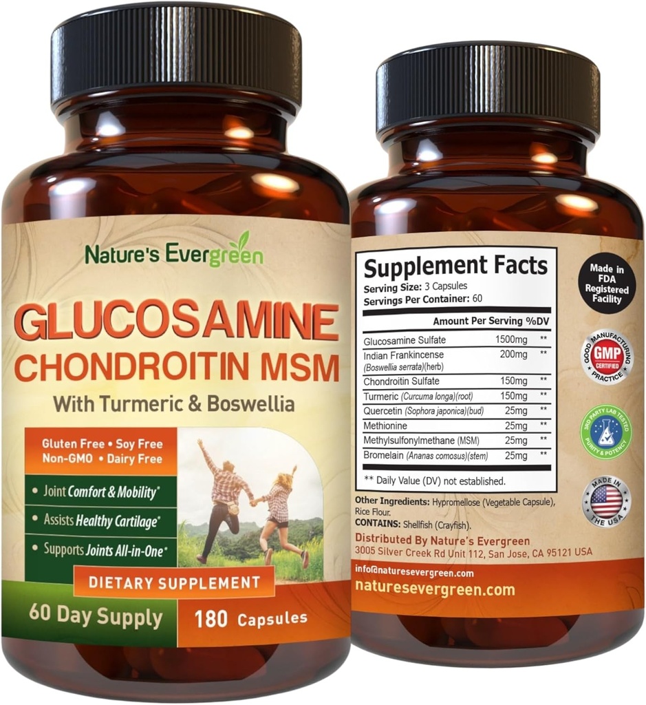 Glucosamine Chondroitin MSM with Turmeric & Boswellia Supplement | Joint Support Supplement Glucosamine Sulfate 1500mg | Joint Health Chondroitin Sulfate MSM for Women & Men - 180 Capsules