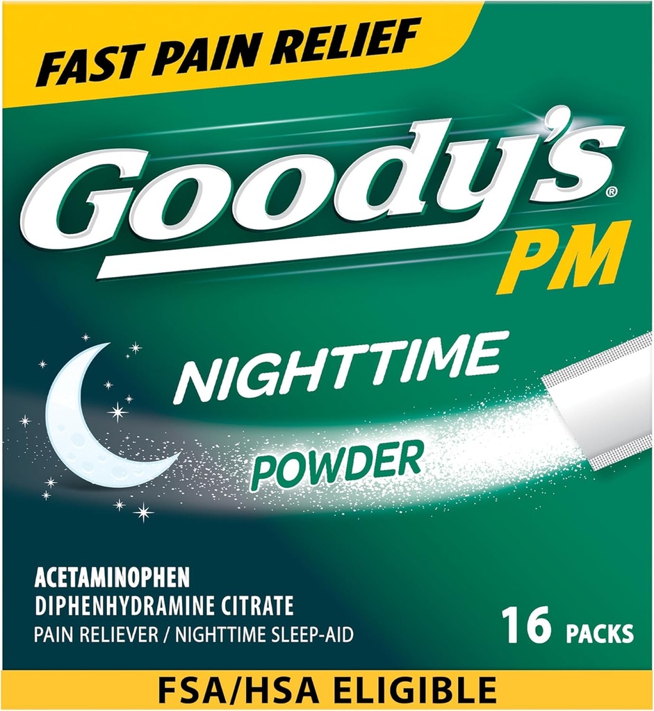 Goody's Nighttime Powder, Pain Reliever & Sleep Aid with Acetaminophen & Diphenhydramine Citrate, Caffeine Free, 16 Count