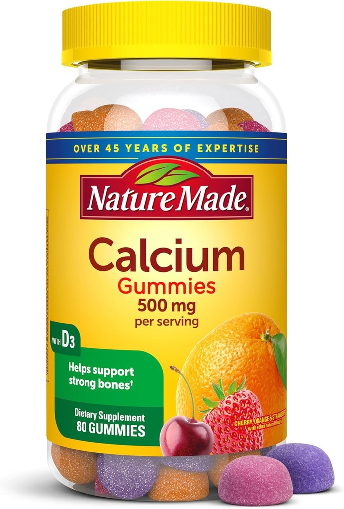 Nature Made Calcium Gummies 500 mg Per Serving with Vitamin D3, Dietary Supplement for Bone Support, 80 Gummies, 40 Day Supply