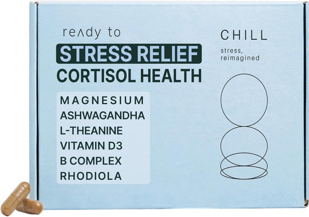CHILL Stress Relief Supplement – Cortisol Health for Women & Men - Balanced Mood, Relaxation & Sleep – Magnesium, Ashwagandha, L-Theanine, B Complex – 60 Capsules 11/30/25 Expiration