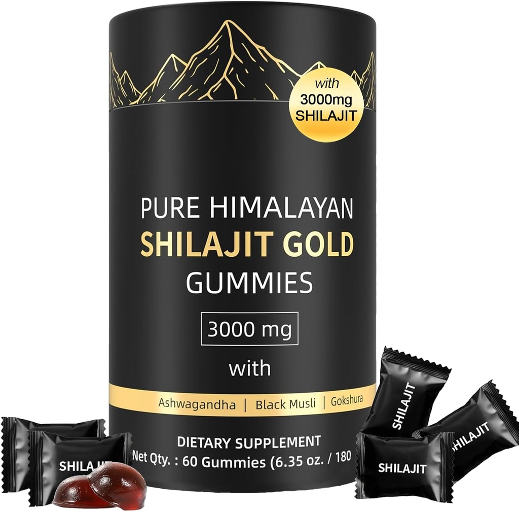Shilajit Gummies, Pure Himalayan Shilajit Gummies Gold, No Added Sugar Non-GMO 100% Natural & Organic, Ashwagandha, Gokshura| Fulvic Acid & 85+ Trace Minerals for Men, Women | 60 Gummy