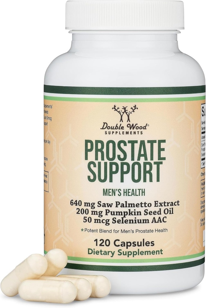 Prostate Support Supplement for Men's Health (120 Capsules) One Serving per Day for 30 Days Supports Prostate Function and Urinary Control (Saw Palmetto, Pumpkin Seed Oil, Selenium) by Double Wood