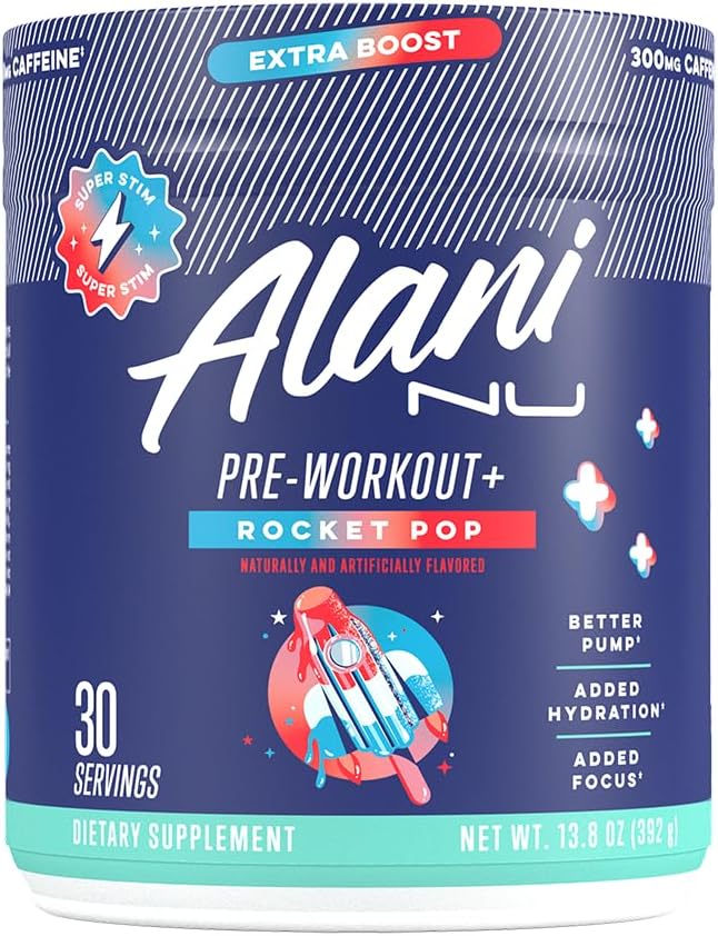 Alani Nu Pre Workout+ Powder Rocket POP, Extra Boost, Sugar Free, 300mg Caffeine, L-Theanine, Beta-Alanine, Citrulline, 30 Servings