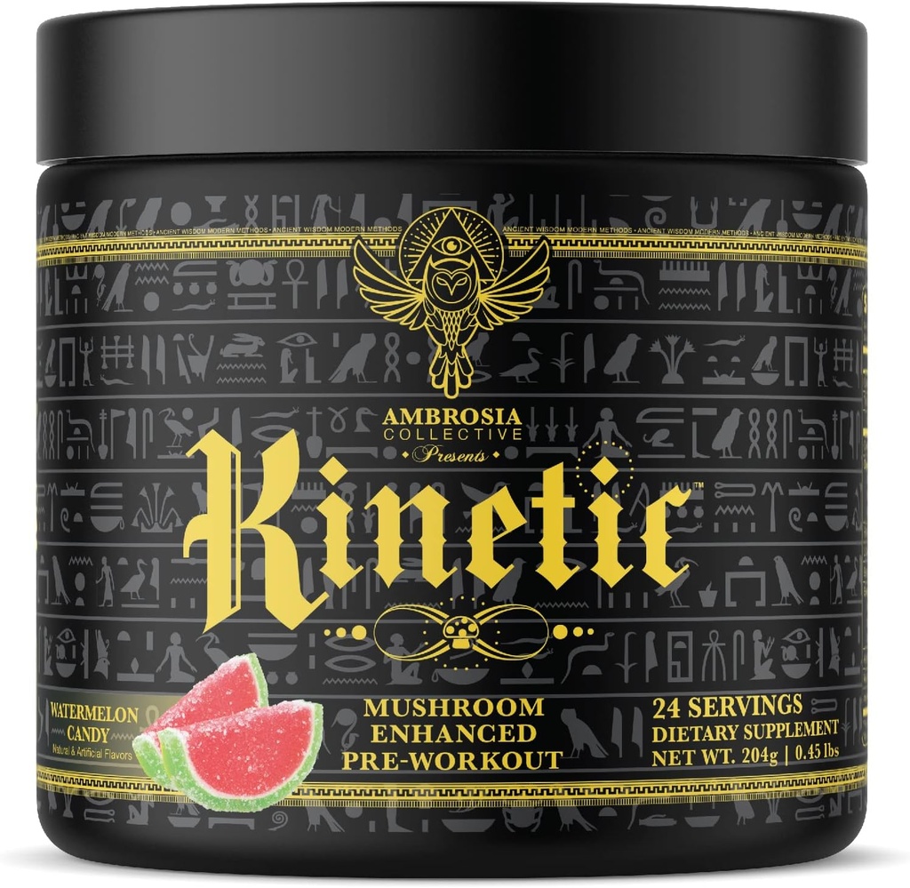 Ambrosia Kinetic Organic Preworkout, Mushroom Enhanced Natural Pre Workout Supplement, Nootropic Superfood Powder for Energy (Watermelon Candy)