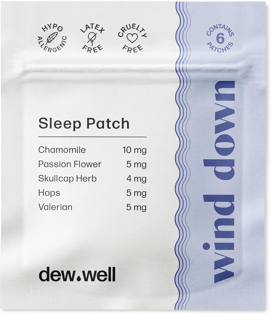 Dew Well Wind Down Sleep Patches - Melatonin Free Chamomile & Passion Flower Patches for Natural Rest Aids - Stress Strips for Migraine Relief - Sleep Sticker & Hot Sleeper Relief - 6 Count Clear
