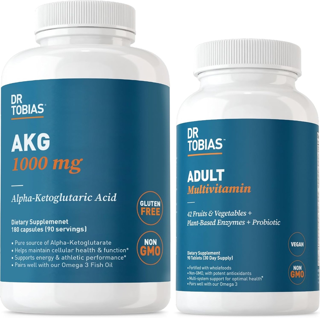 Dr. Tobias AKG Supplement & Adult Multivitamin - Comprehensive Cellular Energy & Nutrient Support for Overall Wellness and Vitality, Vegan, Non-GMO
