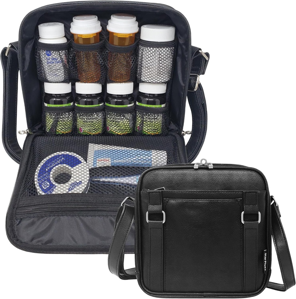 Medium 2-in-1 Pill Bottle Organizer, Crossbody PU Leather Purse for Women, Medicine Bag, Case, Carrier for Medications, Travel Medicine Organizer, Med Bag - Black (Without Lock)