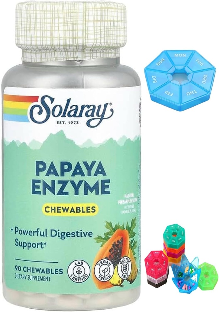 Made for Solaray, Papaya Enzyme, Natural Pineapple, 90 Chewables + Bonus 1 Mini Pill Box for 7 Days