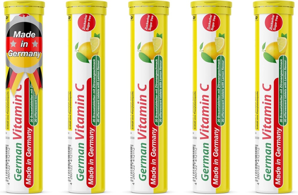 T&D German Vitamin C 180 mg - 40 Vegan Drink Effervescent Tablets - Lemon Lime Flavor - Made in Germany