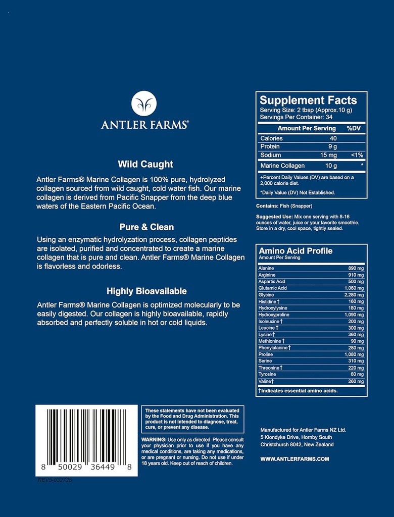 Antler Farms - 100% Pure, Clean Marine Collagen Powder from Wild Caught Pacific Snapper, 12 oz – Soluble in Hot or Cold Liquids, Highly Bioavailable, Rapid Absorption, No Taste or Smell