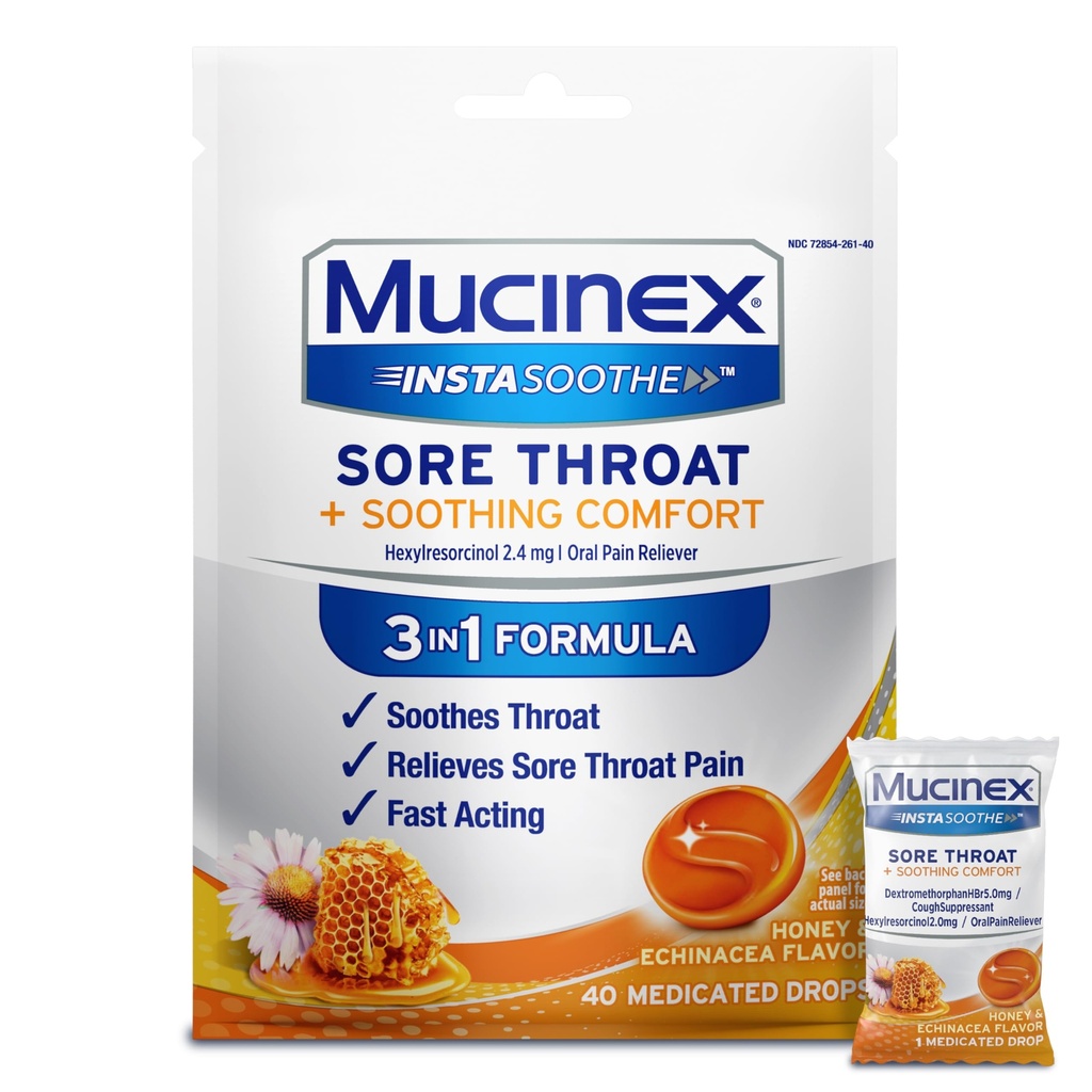Mucinex Instasoothe Sore Throat Relief Drops, Sore Throat Lozenges, Sore Throat Medicine with Hexylresorcinol, Cough Drops Alternative, Honey & Echinacea Flavor Medicated Numbing Throat Drops, 40 ct
