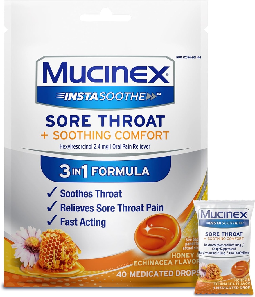 Mucinex Instasoothe Sore Throat Relief Drops, Sore Throat Lozenges, Sore Throat Medicine with Hexylresorcinol, Cough Drops Alternative, Honey & Echinacea Flavor, 40 ct