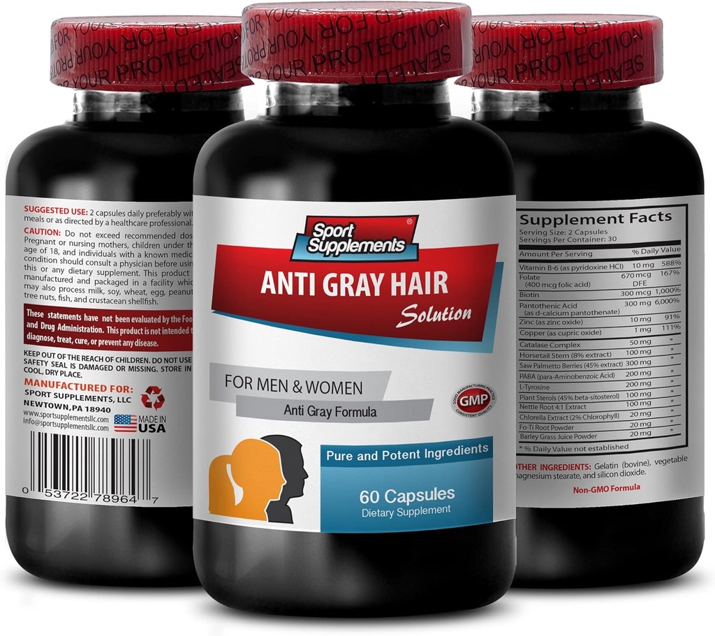 Hair Growth Supplement - Anti Gray Hair - Nettle for Hair Growth, Anti Gray Hair Supplement, Hair Growth Vitamins, biotin Pills for Hair Growth, Saw Palmetto for Women Hair Loss, 1 Bottle 60 Capsules