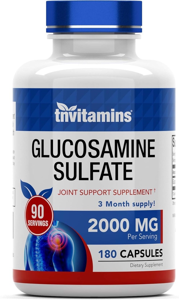 tnvitamins Glucosamine Sulfate Capsules 2000 MG (180 Count) | Joint Support* Supplement for Women & Men | Produced in The USA | Promotes Flexibility & Mobility