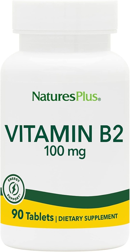 Natures Plus Vitamin B2 (Riboflavin) - 100 mg, 90 Vegetarian Tablets - Natural Energy & Metabolism Booster, Promotes Overall Health - Gluten-Free - 90 Servings