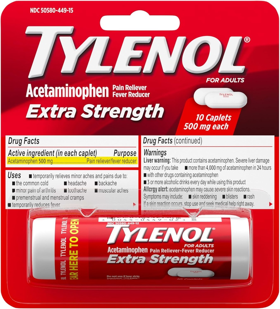 Tylenol Extra Strength 500 mg Acetaminophen Caplets, Pain Reliever & Fever Reducer, Acetaminophen for Minor Arthritis Pain, Headache, Backache & Toothache, Travel Size, 10 ct